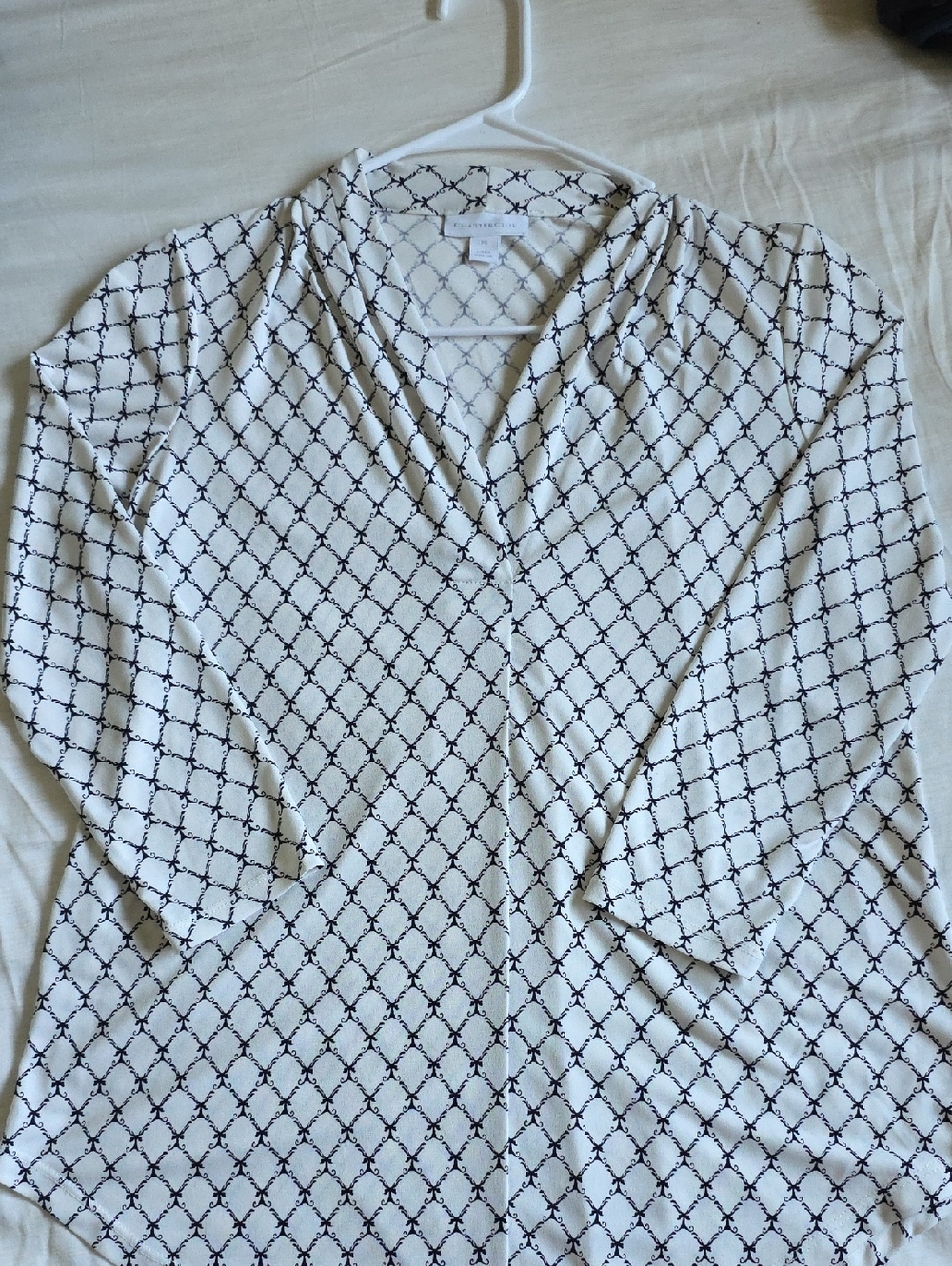 Charter Club Ivory Blouse with Black Lattice Print